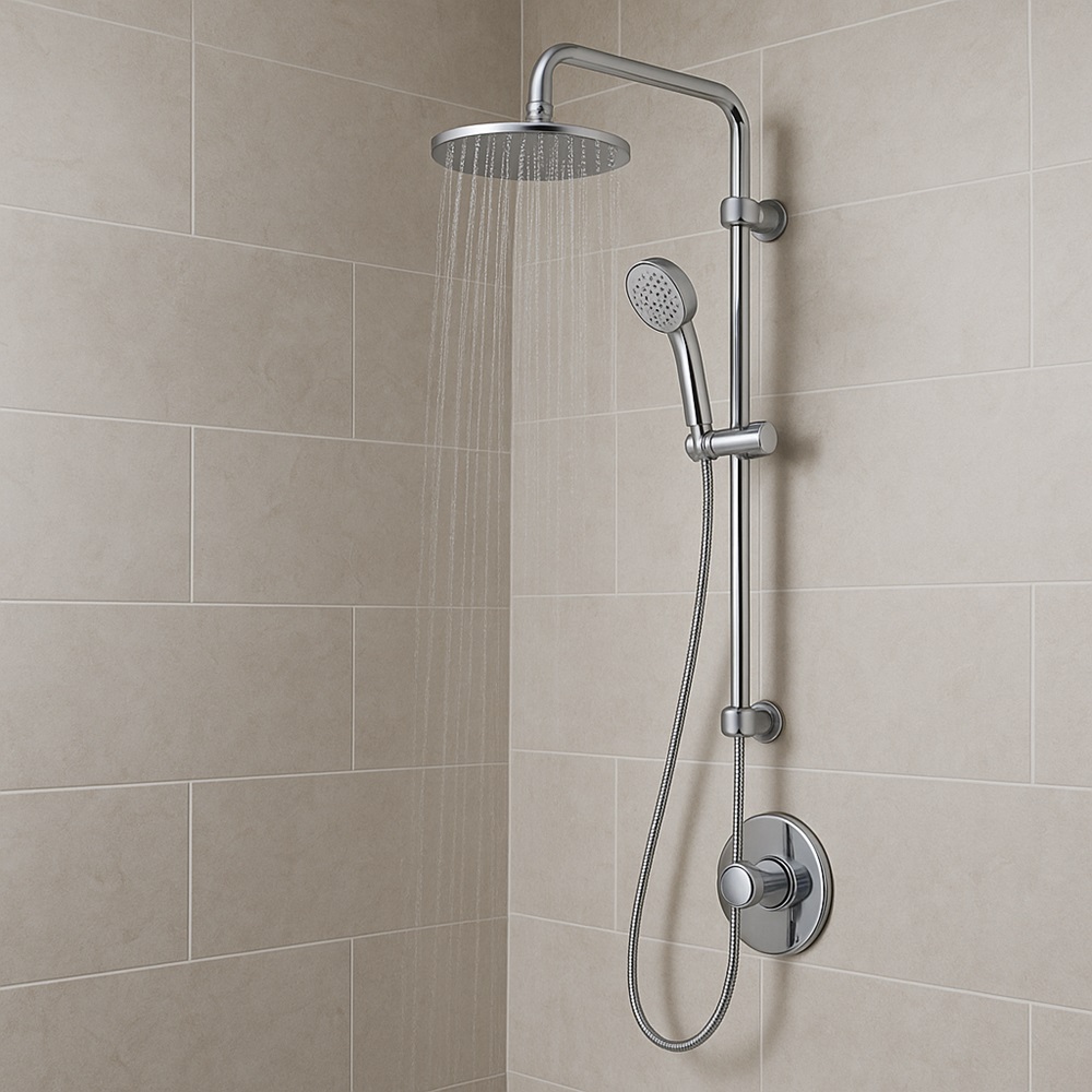 Wall-mounted shower system with rain head, valve trim, and handheld on slide bar